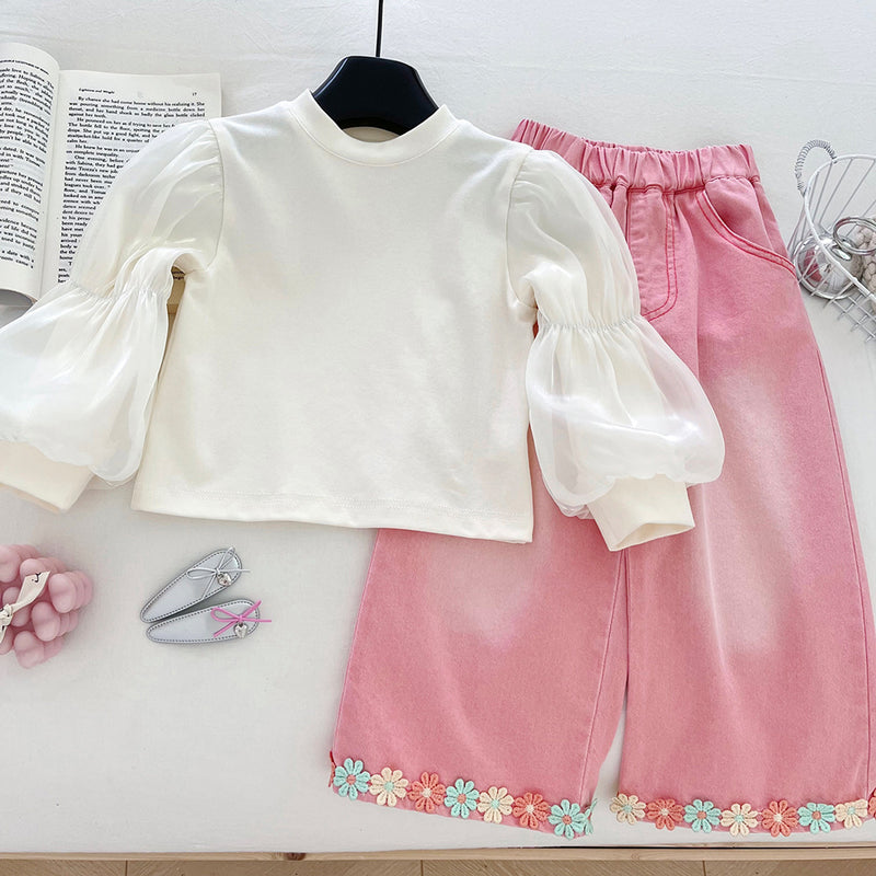 New Autumn Girls' Denim Vest Bottoming Shirt and Trousers Three-piece Set