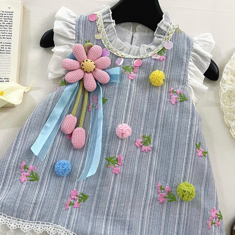Summer Girls Flying Sleeve Lace Splicing Flower Princess Dress