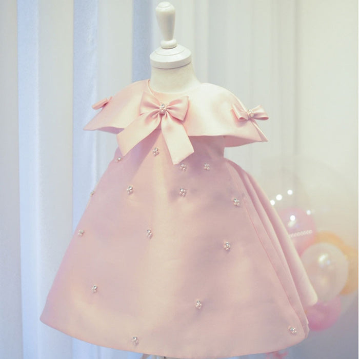 Babyhug Woven Sleeveless Mesh Party Dress with Bow Applique & Pearl Detailing - Red main image 0
