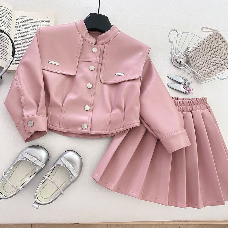 New Girls' Lapel Leather Jacket and Skirt Two-Piece Set