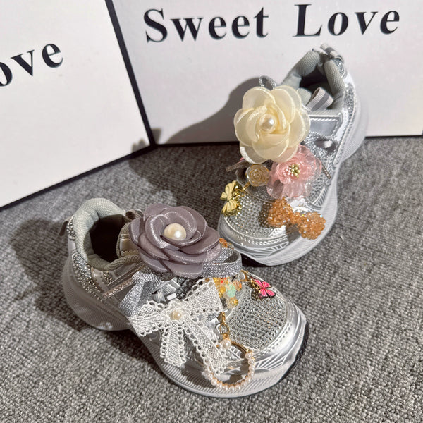 Girls' New Heavy-duty Flower Silver Sports Shoes