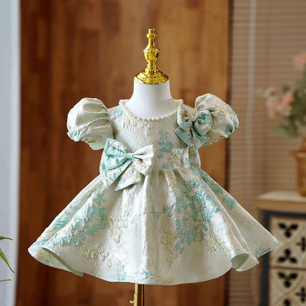 Elegant Baby Girls White Green Jacquard Pattern Puff Sleeve First Year Dress Princess Dresses For Girls