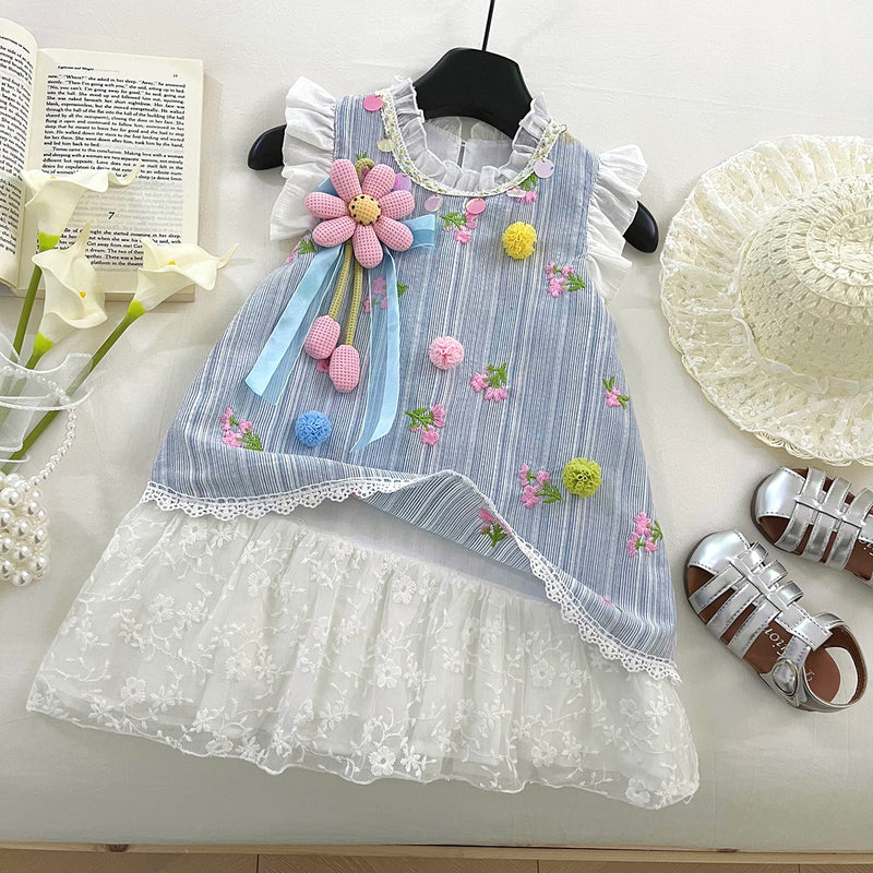 Summer Girls Flying Sleeve Lace Splicing Flower Princess Dress