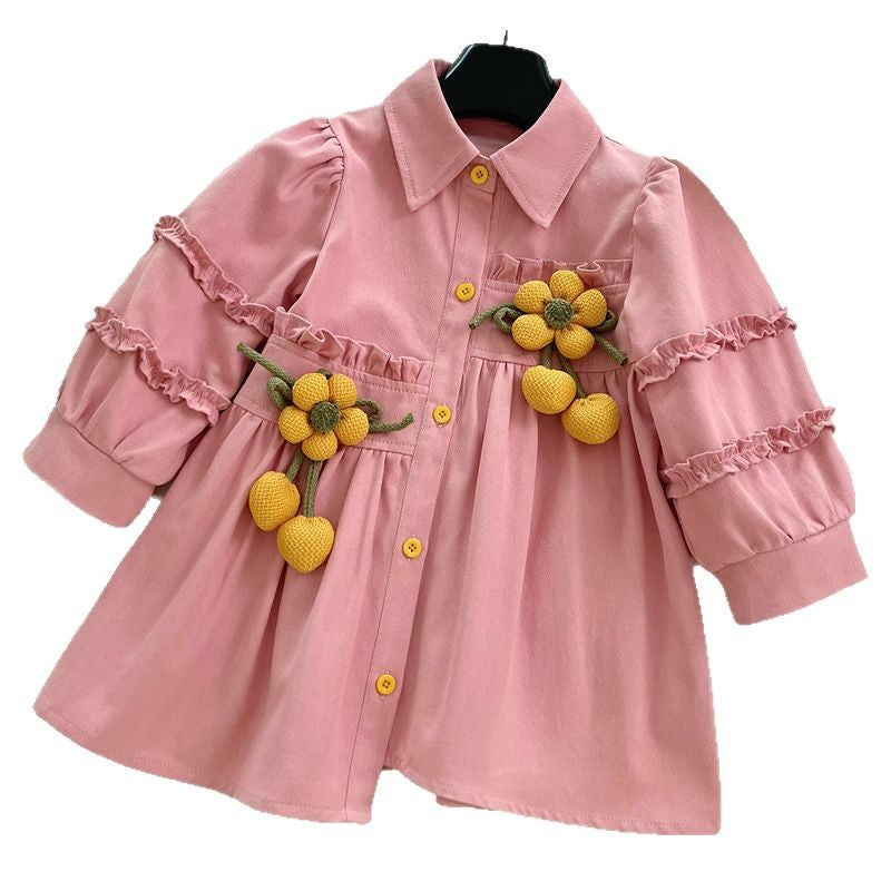 Girls New 3D Flower Long Sleeve Shirt Dress