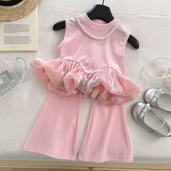 Girls Pink Sleeveless Vest Flared Pants Two-piece Set