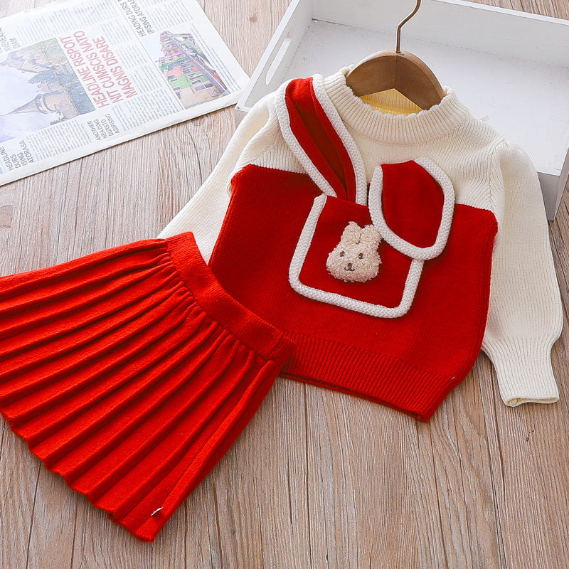 Cute Baby Girl Bunny Sweater Dress Printed Two Piece Winter Dresses