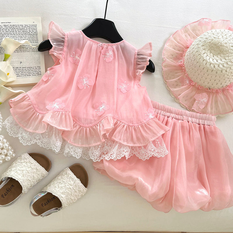 Girls Embroidered Fly Sleeve Top Flower Bud Shorts Two-piece Set
