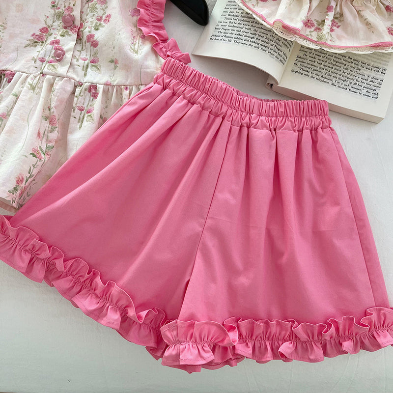 Girls Sleeveless Baby Shirt Set Summer Thin Children Girls Lace Floral Shorts Two-piece Set