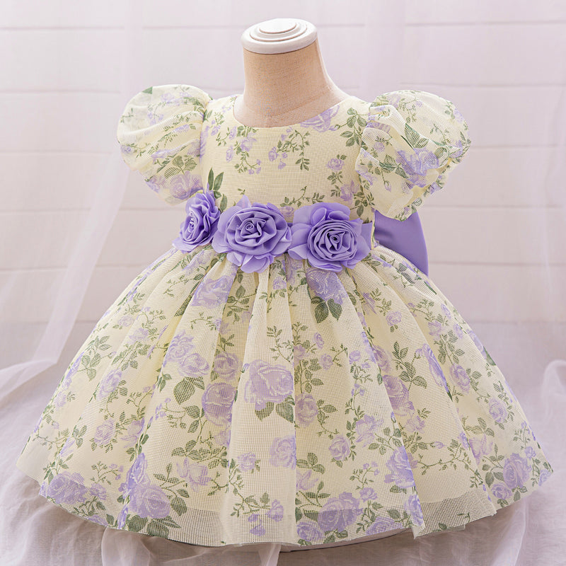 Cute Baby Girl Birthday Puff Sleeve Princess Dress Girl Flower Print Dress