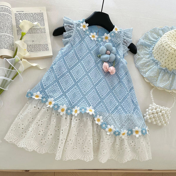 Girls Cute Lace Stitching Flying Sleeves Princess Dress