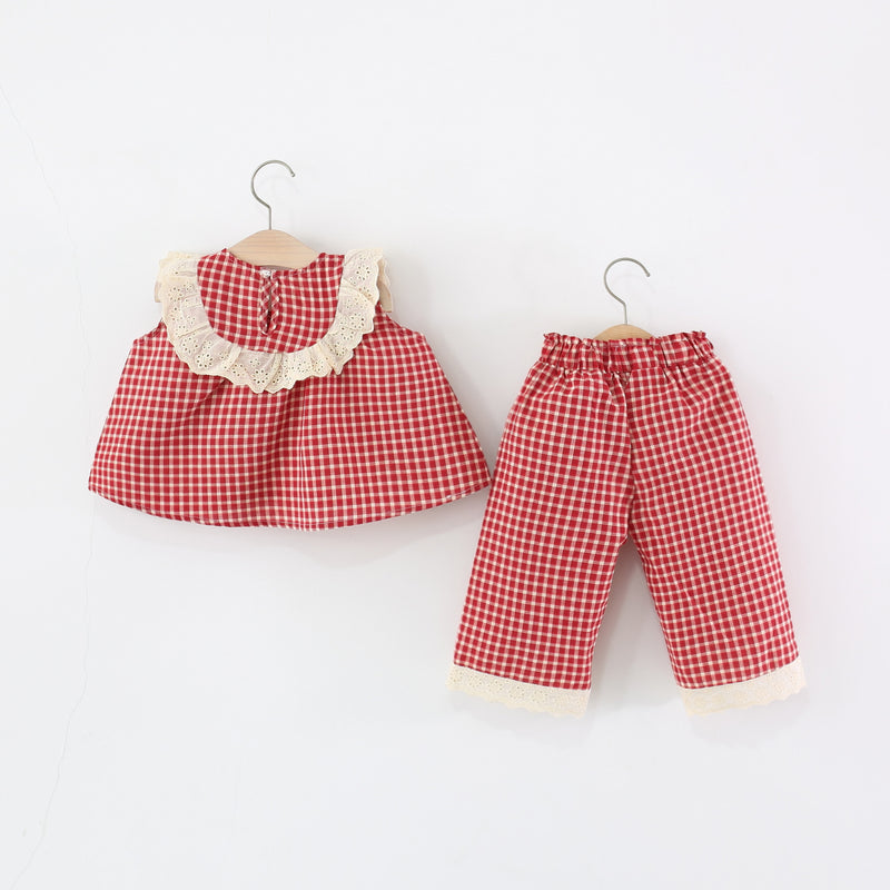 Girls Round Neck Plaid Sleeveless Top Trousers Two-piece Set