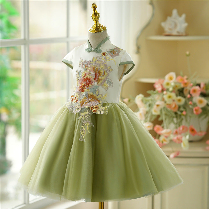 green floral toddler dress Emerald Sparkling Flower Girl Dress With Puffy Sleeves, Shiny Puffy Green Dress 3t, Bright Green Baby Girl Dress for Christmas