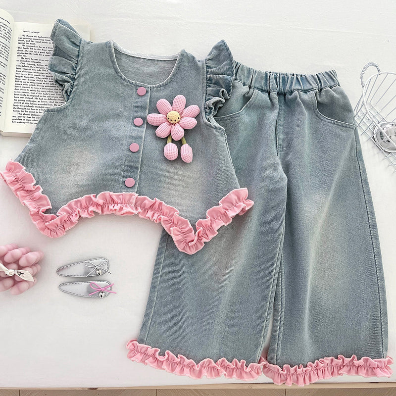 Girls' Autumn Denim Vest Shirt Wide-Leg Pants Three-Piece Set