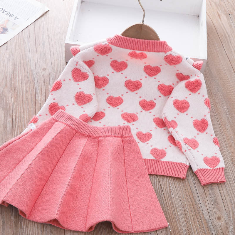 Girls Winter Sweater Knitted Love Dress  Children's Two-piece Dress