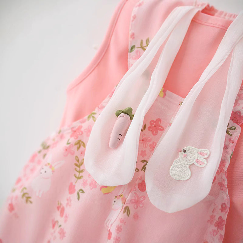 Summer Girls Knitted Sleeveless Top Pure Cotton Overalls Two-Piece Set