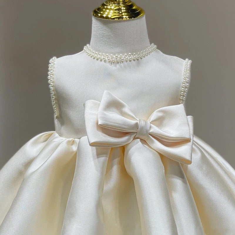 Elegant Baby Girls Sleeveless Round Neck White Bow Princess Toddler First Communion Dress