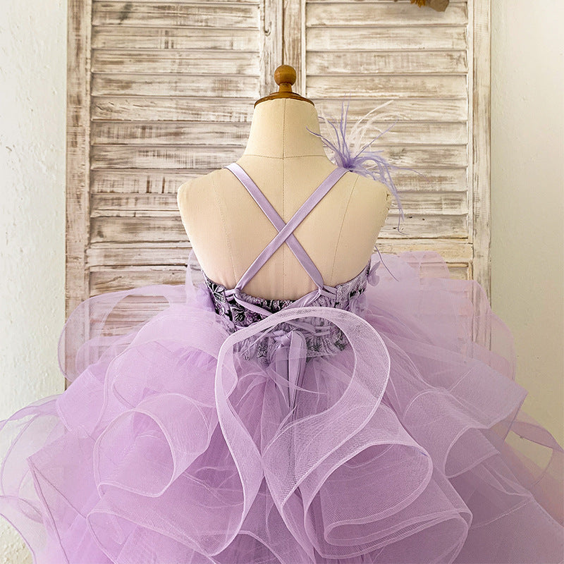 Elegant Baby Girls Purple Lace Mesh Strap Princess Dress Toddler Performance Puff Dress