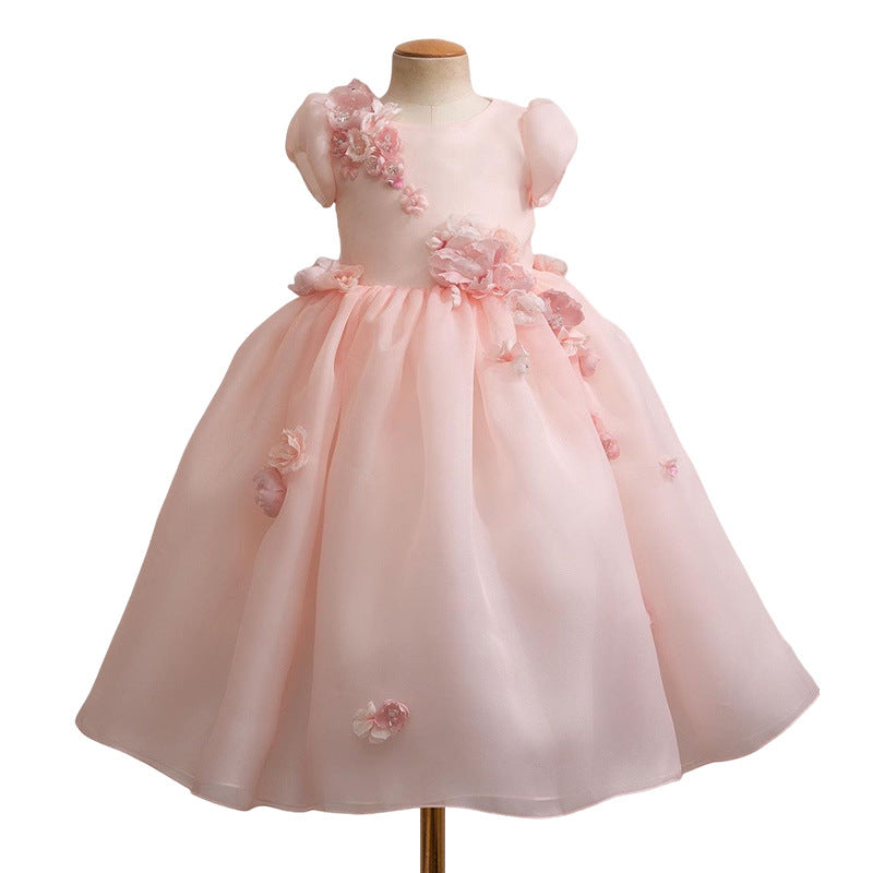 Elegant Baby Pink Puff Sleeve Princess Dress Toddler's First Birthday Flower Fluffy Dress