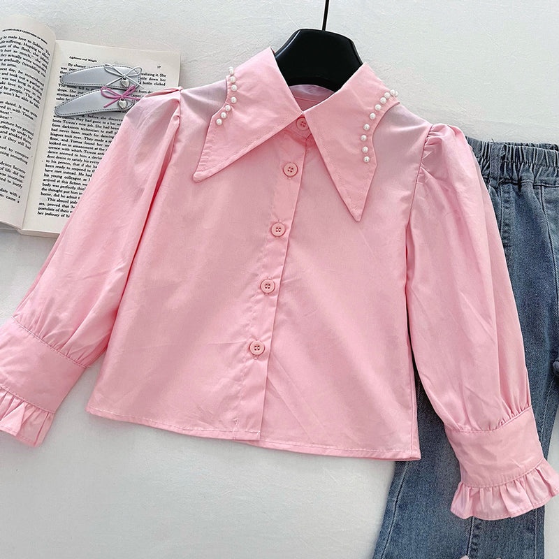 Girls' Knitted Vest Shirt and Jeans Three-Piece Set