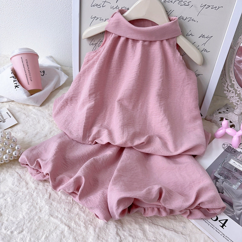 Girls Summer New Style Vest Flower Bud Shorts Two-piece Set