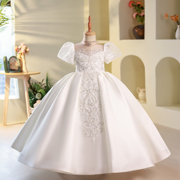 Elegant Baby Broken White Pattern Puff Sleeve Prom Dress Toddler Girls Formal Dress