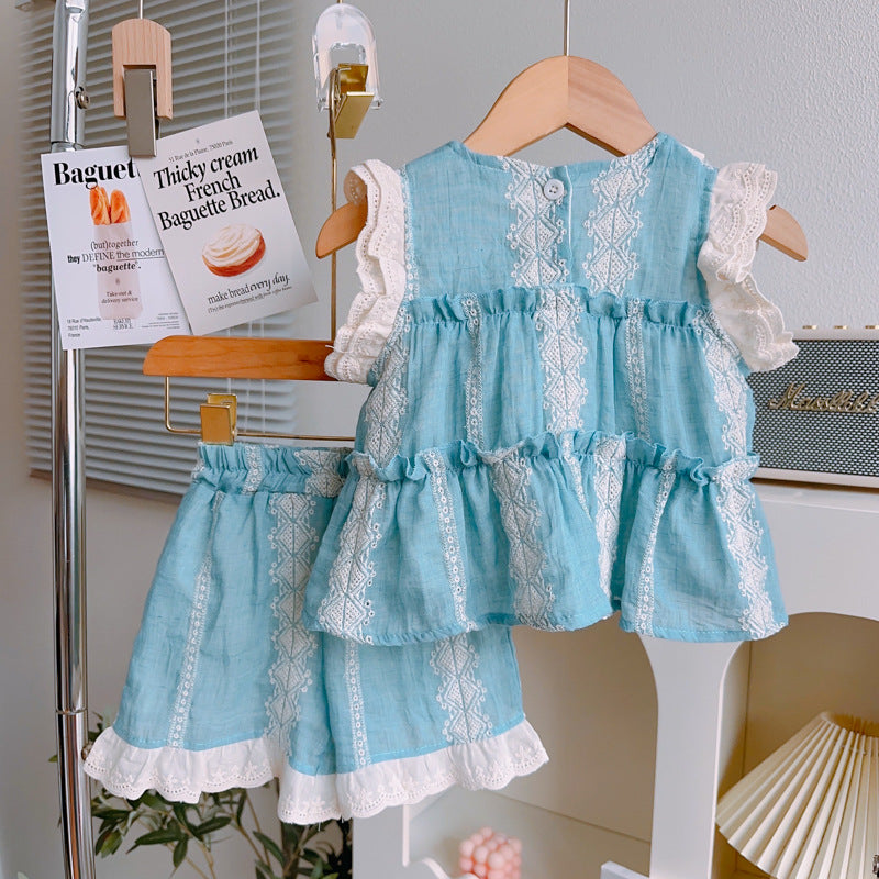 New Summer Girls' Doll Collar Dress Two Piece Set