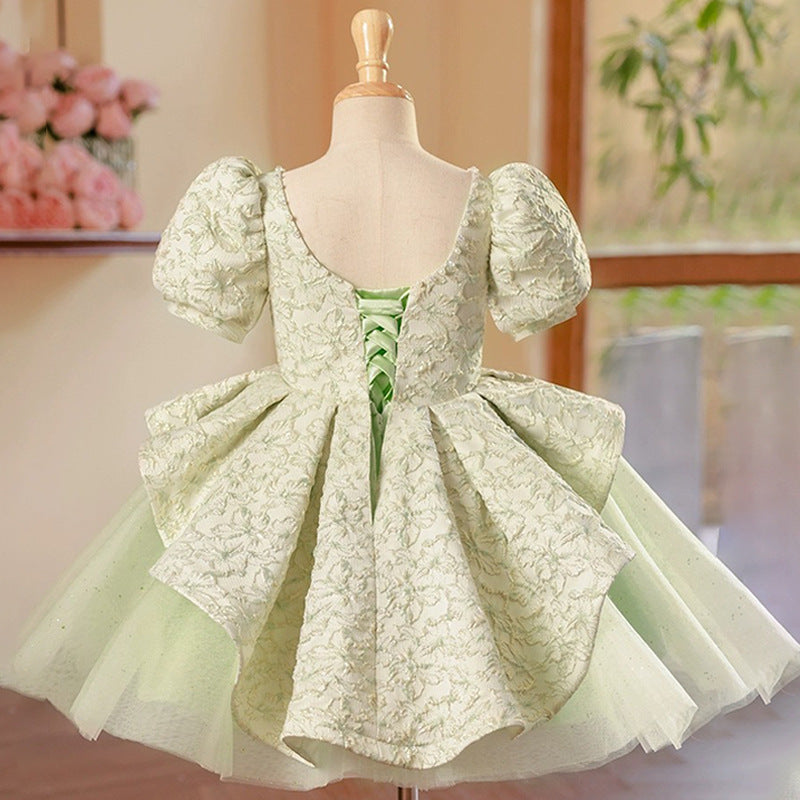 Cute Baby Girls V-neck Green Puffy Mesh Dresses  Toddler Birthday Party Dress