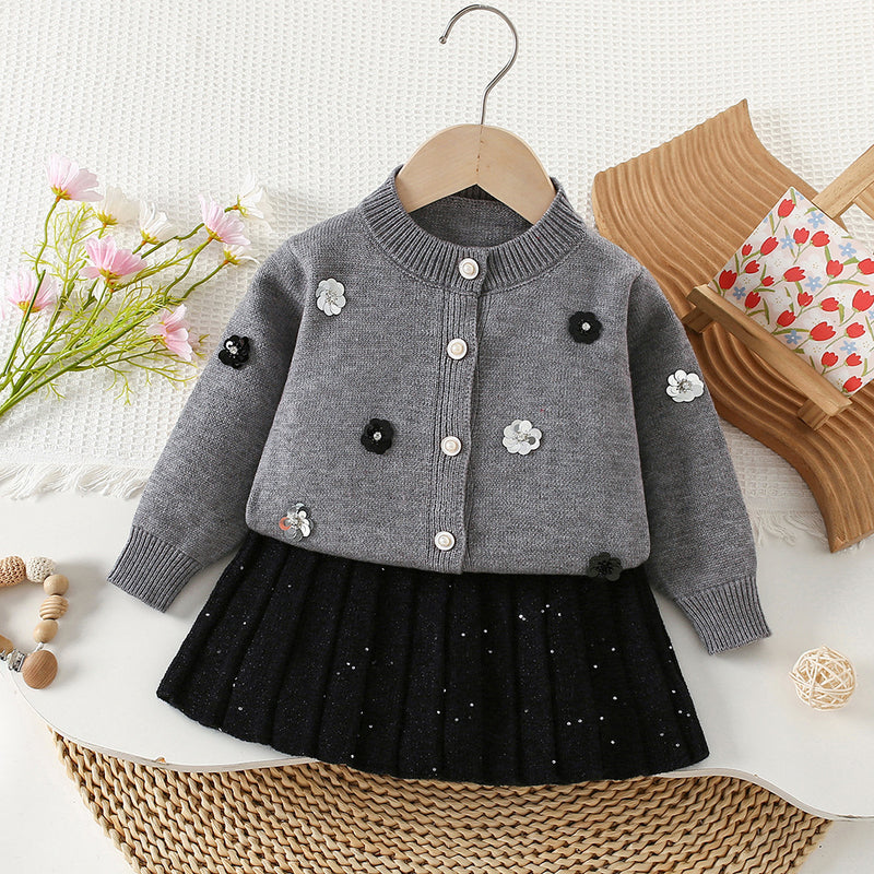 Girls' 3D Beaded Knitted Cardigan Skirt Two-Piece Set
