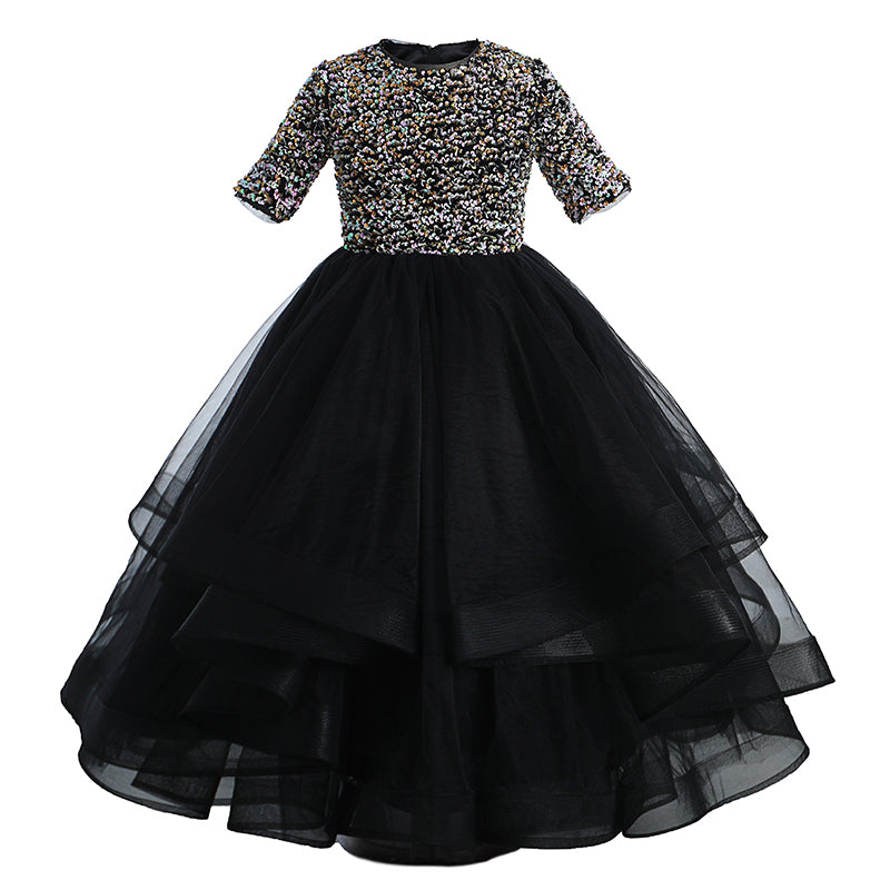 Cute Baby Girl Black Pageant Dress Autumn Puffy Dress Toddler Birthday Christmas Princess Dress