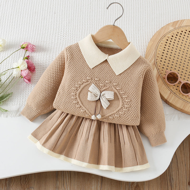 Girls' Solid Color Bow-knit Sweater Short Skirt Two-piece Set