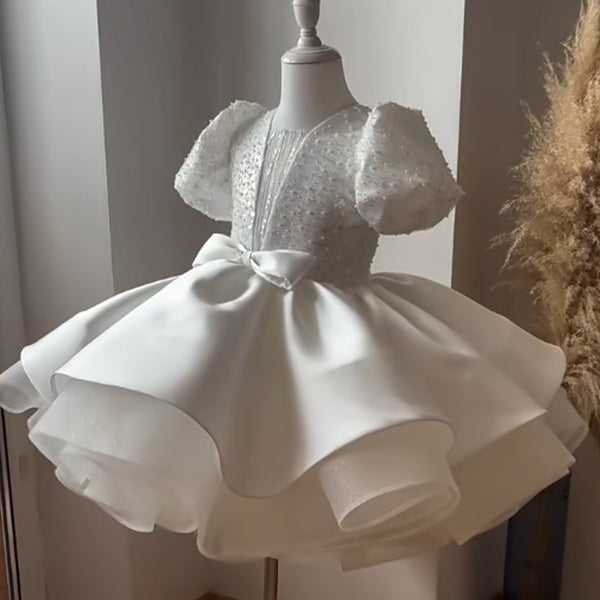 Girls White Communion Princess Dress Children's Birthday Puffy Dress