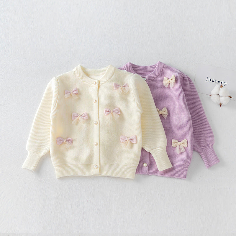 Cute Girls Round Neck Bow Cardigan Jacket