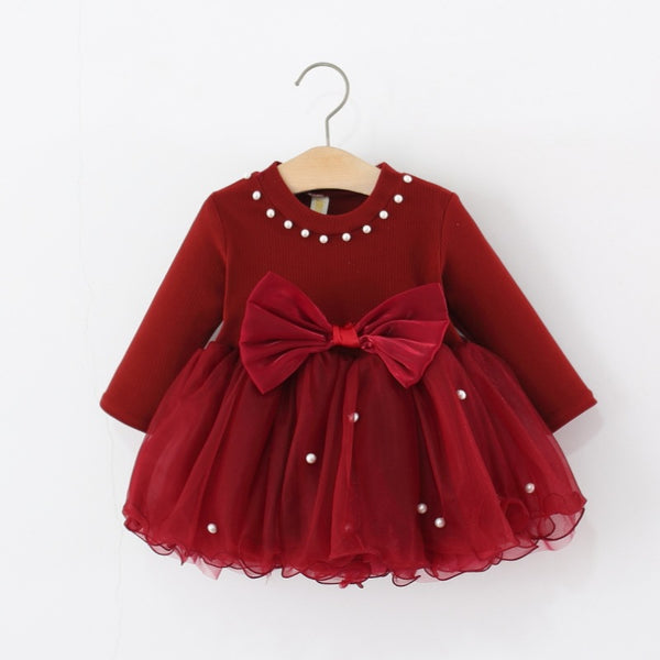 Girls Autumn Beaded Bow Mesh Princess Dress