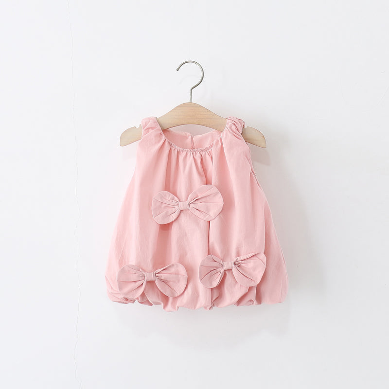 Girls Summer Sleeveless Solid Color Bowknot Flower Bud Princess Dress