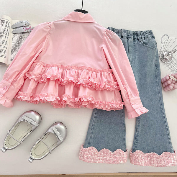Girls' Fake Two-Piece Shirt Vest Lace Jeans Two-Piece Set