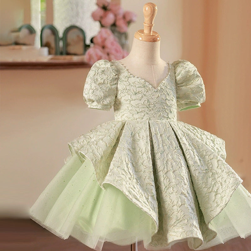 Cute Baby Girls V-neck Green Puffy Mesh Dresses  Toddler Birthday Party Dress