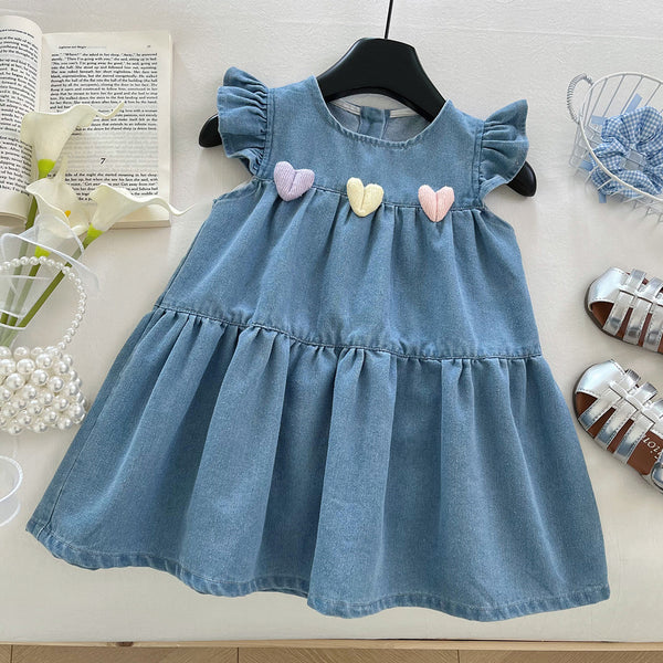 Girls Cute Summer New Flying Sleeve Denim Princess Dress