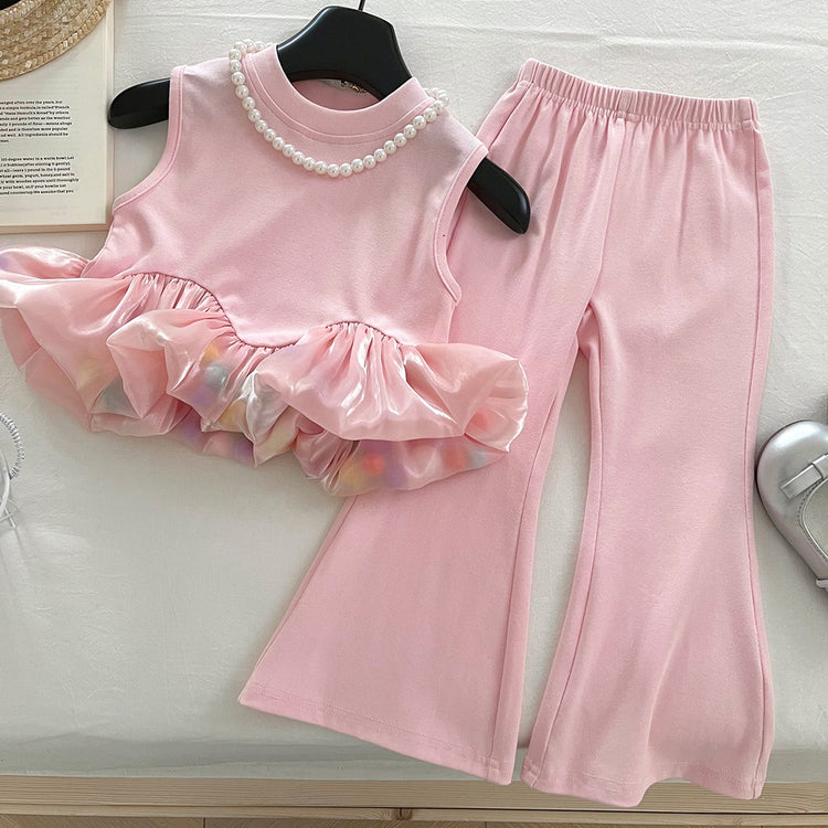 Girls Pink Sleeveless Vest Flared Pants Two-piece Set