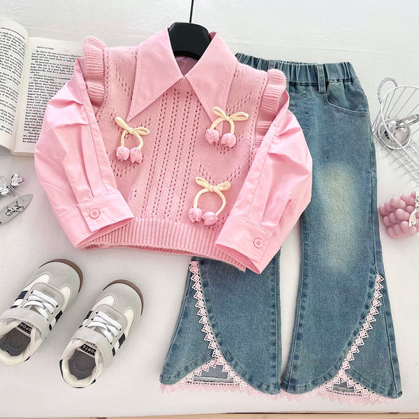 Girls' Autumn Knitted Sweater Vest Shirt Jeans Three-piece Set