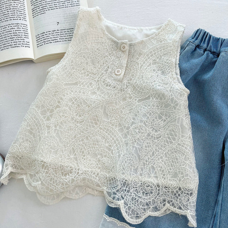 Girls' Summer New Lace Vest Denim Wide-Leg Pants Two-Piece Set