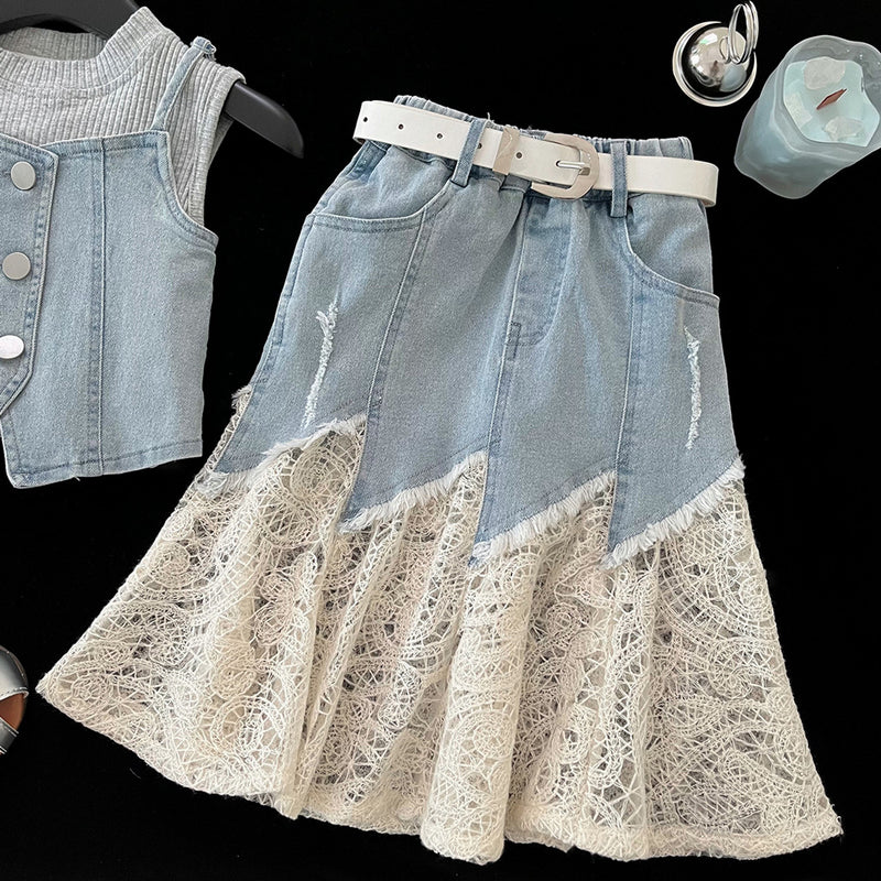 Girls' Summer Lace-Panel Denim Top Vest Skirt Three-Piece Set