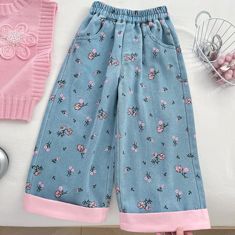 Autumn Girls Knitted Vest Shirt Printed Jeans Three-Piece Set