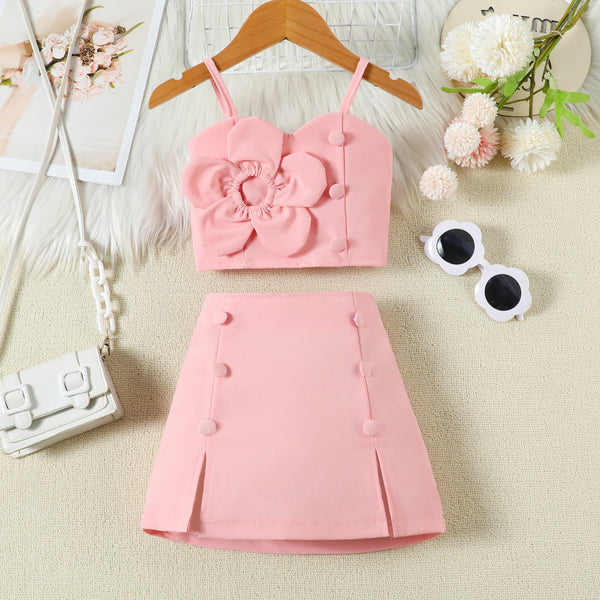 Summer Girls Flower Suspender Skirt Two Piece Set