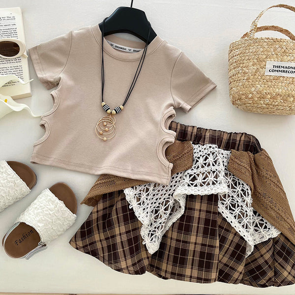 Girls' Summer Ripped T-shirt Irregular Plaid Skirt Two-Piece Set