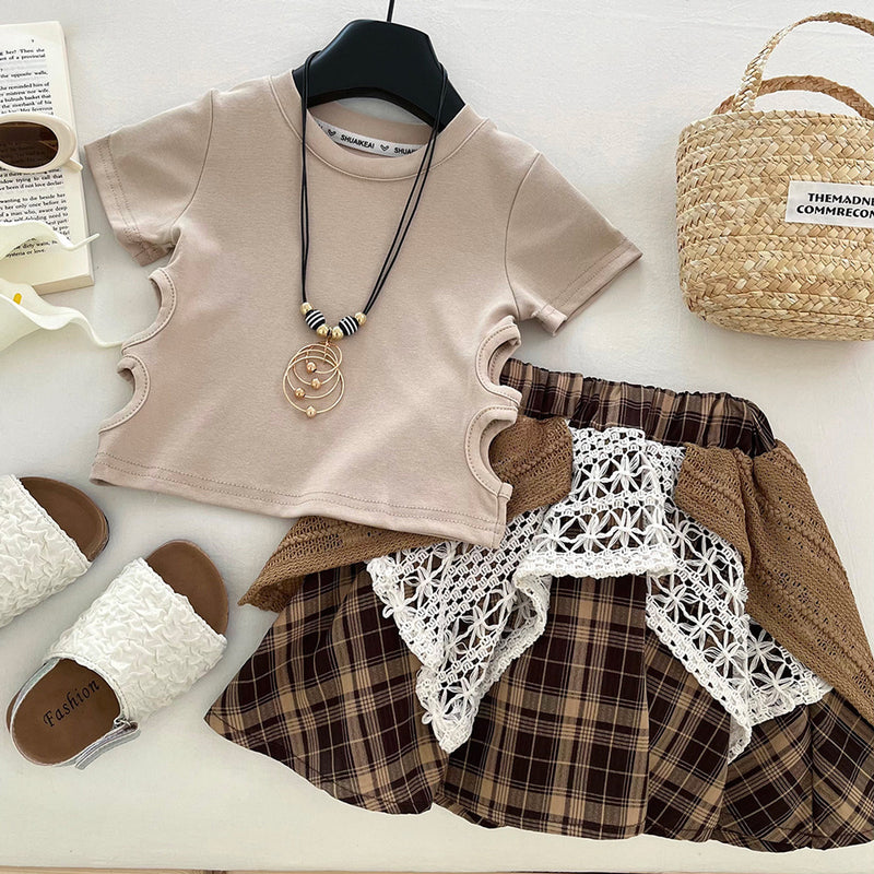 Girls' Summer Ripped T-shirt Irregular Plaid Skirt Two-Piece Set
