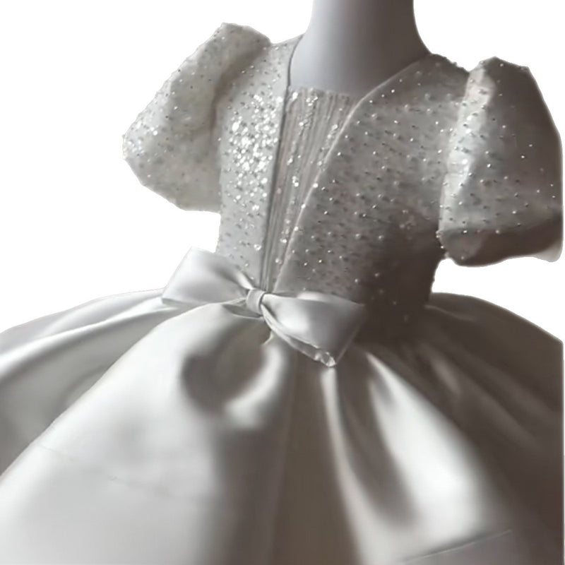 Girls White Communion Princess Dress Children's Birthday Puffy Dress