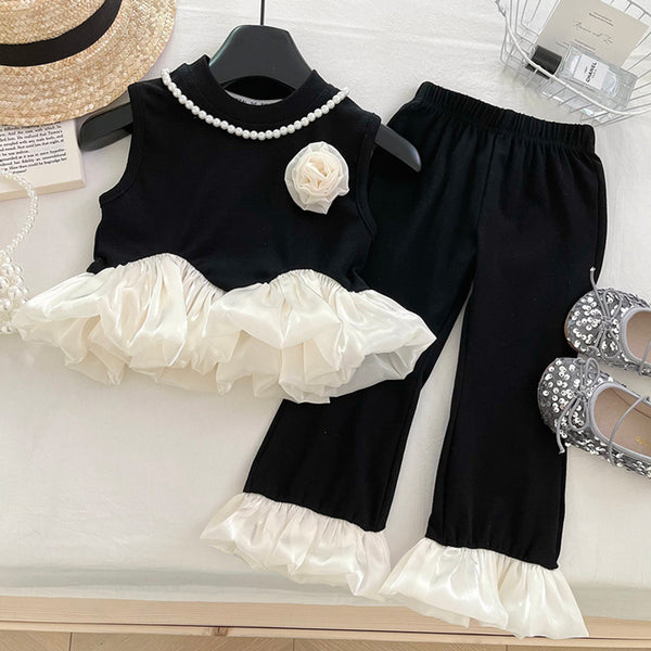 Girls Summer New Ruffle Vest Flared Pants Two-piece Set