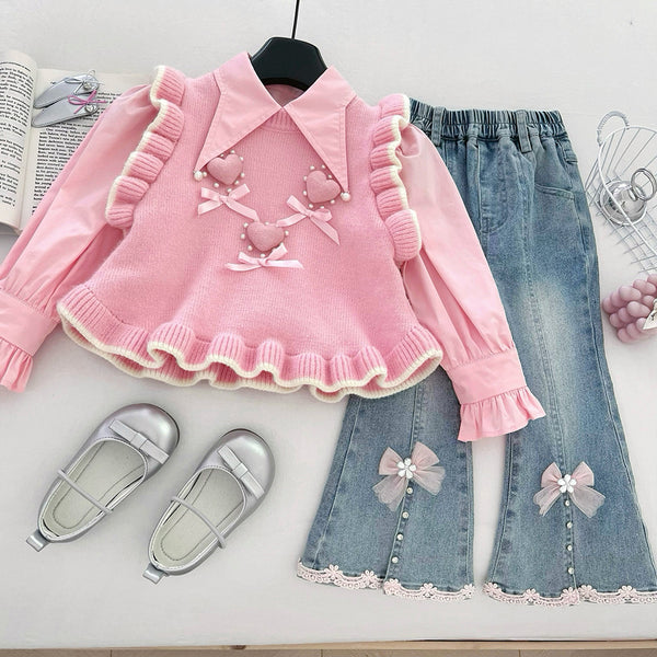 Girls' Autumn Heart Knitted Vest Shirt and Jeans Three-Piece Set