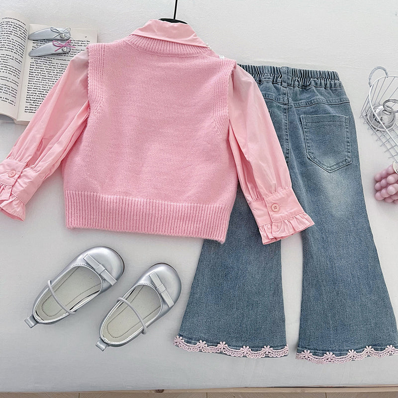 Girls' Knitted Vest Shirt and Jeans Three-Piece Set