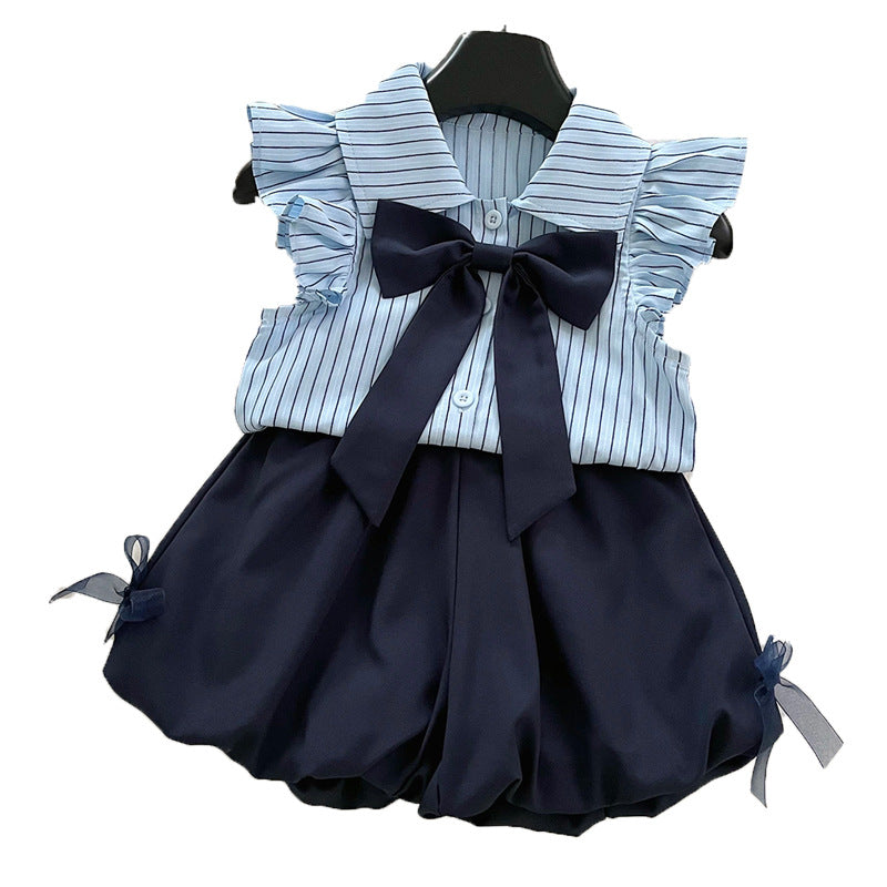 Girls Summer New Bow Striped Shirt Top Shorts Two-piece Set